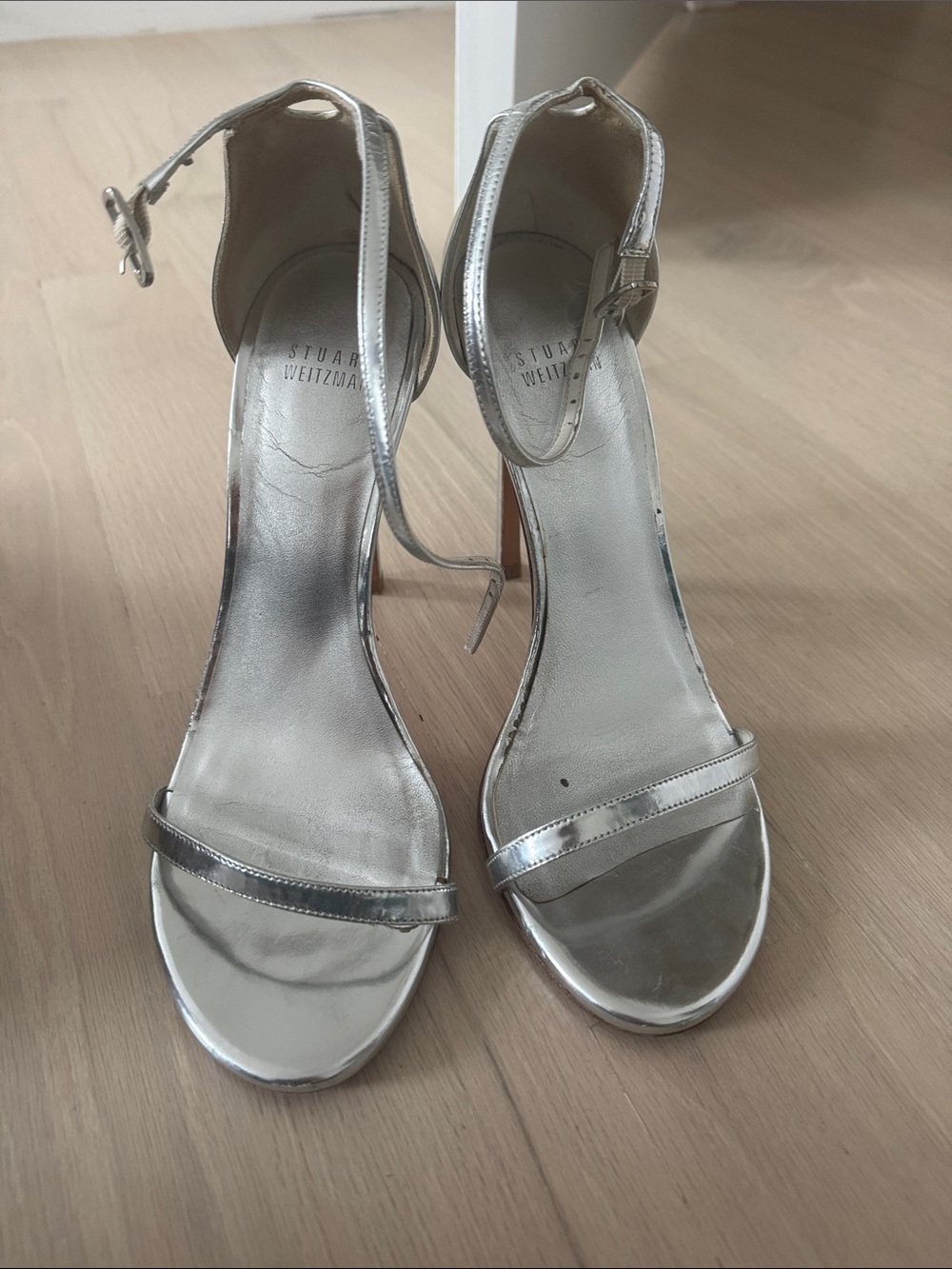 Stuart Weitzman Metallic Silver Strappy Heels